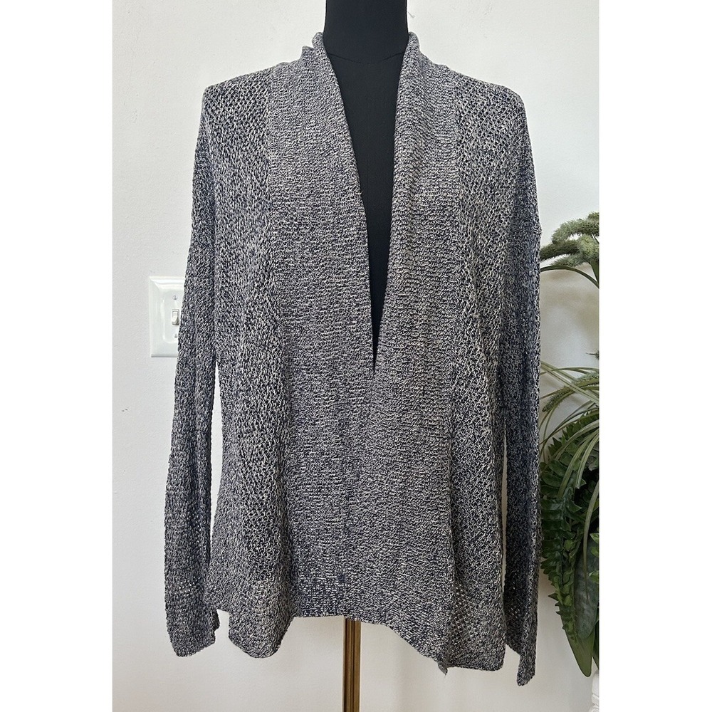 Eileen Fisher Beige Blue Gray Open Front Knit Organic Linen Coverup Sweater Sz L